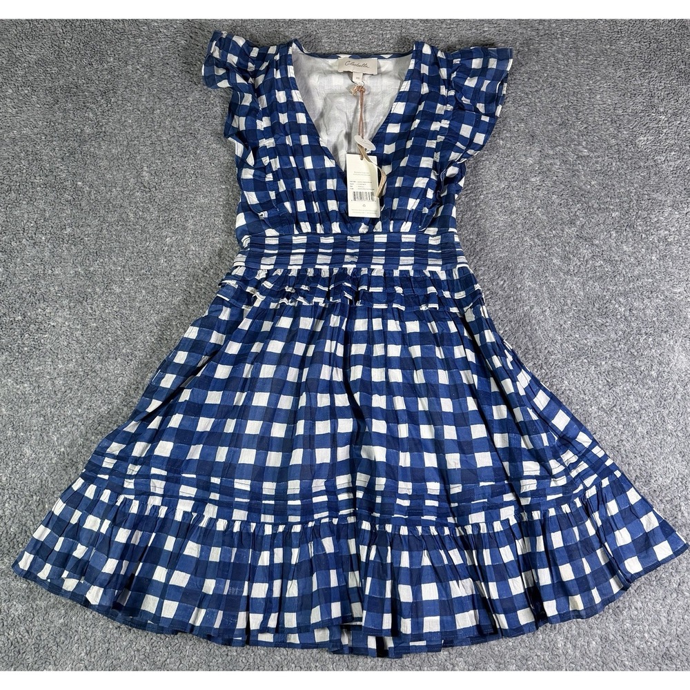 NWT Cleobella Benny Mini Dress Painterly Gingham Blue Ruffle Cottage Size XS